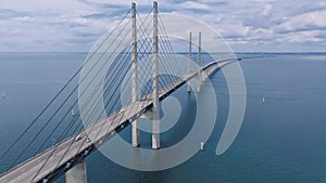 Panoramic aerial close up view of Oresund bridge over the Baltic sea