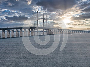 Panoramic aerial close up view of Oresund bridge over the Baltic sea