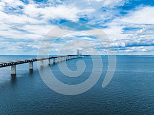 Panoramic aerial close up view of Oresund bridge over the Baltic sea