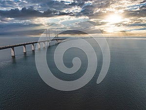 Panoramic aerial close up view of Oresund bridge over the Baltic sea