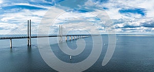 Panoramic aerial close up view of Oresund bridge over the Baltic sea