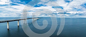 Panoramic aerial close up view of Oresund bridge over the Baltic sea