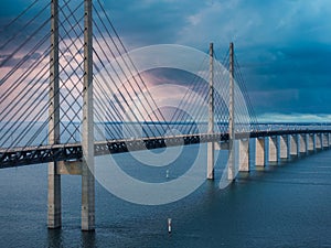 Panoramic aerial close up view of Oresund bridge over the Baltic sea