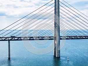 Panoramic aerial close up view of Oresund bridge over the Baltic sea