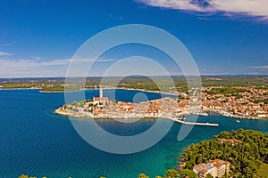 Panoramic aerial drone picture of the historic city Rovinj and harbor in Croatia