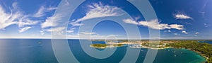 Panoramic aerial drone picture of the historic city Rovinj and harbor in Croatia