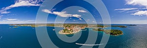 Panoramic aerial drone picture of the historic city Rovinj and harbor in Croatia