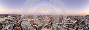 Panoramic aerial drone shot of downtown skyline in Budapest wint