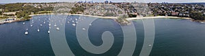 Panoramic aerial drone view of Balmoral Beach and Edwards Beach on the Middle Harbour of Sydney