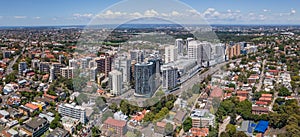 Panoramic aerial drone view of Bondi Junction in the Eastern Suburbs of Sydney, NSW Australia