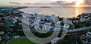 Panoramic aerial drone view of Cronulla in the Sutherland Shire, South Sydney, NSW Australia during an early morning sunrise