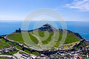 Panoramic aerial drone view of Genoese fortress in Sudak,Crimea