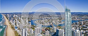 Panoramic aerial drone view of the iconic Gold Coast Beach at Surfers Paradise on the Gold Coast of Queensland, Australia