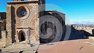 Panoramic aerial drone view of medieval 13th century Cathedral of St Mary of La Seu Vella is symbol of reconquista