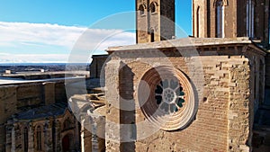 Panoramic aerial drone view of medieval 13th century Cathedral of St Mary of La Seu Vella is symbol of reconquista