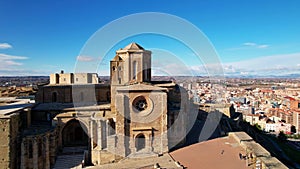 Panoramic aerial drone view of medieval 13th century Cathedral of St Mary of La Seu Vella is symbol of reconquista