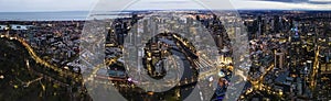 Panoramic aerial drone view of Melbourne City, Victoria, Australia looking in the direction of Port Phillip above Yarra River