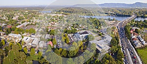 Panoramic aerial drone view of Nowra showing Nowra Bridge along the Princes Highway in the City of Shoalhaven, NSW, Australia