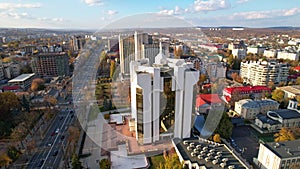 Panoramic aerial drone view of official residence of President with flag of Republic of Moldova. Presidential Palace in