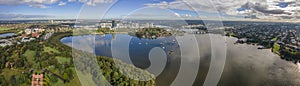 Panoramic aerial drone view of Rhodes, an Inner West suburb of Sydney looking over McIlwaine Park and Brays Bay at Ryde Bridge