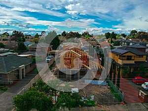 Panoramic Aerial Drone view of Suburban Melbourne housing, roof tops, the streets and the parks NSW Australia