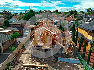 Panoramic Aerial Drone view of Suburban Melbourne housing, roof tops, the streets and the parks NSW Australia