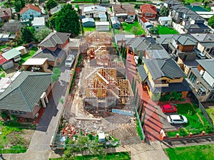 Panoramic Aerial Drone view of Suburban Melbourne housing, roof tops, the streets and the parks NSW Australia