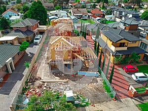 Panoramic Aerial Drone view of Suburban Melbourne housing, roof tops, the streets and the parks NSW Australia