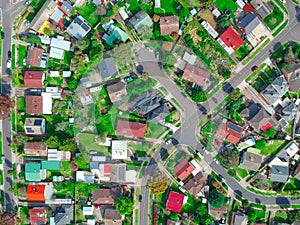 Panoramic Aerial Drone view of Suburban Melbourne housing, roof tops, the streets and the parks NSW Australia