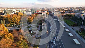 Panoramic aerial drone view of Triumphal Arch, Great National Assembly Square with Government Building with flag of