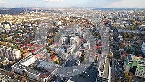 Panoramic aerial drone view of Triumphal Arch, Great National Assembly Square with Government Building with flag of