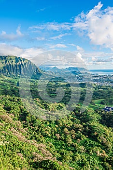 Panoramic aerial image from the Pali Lookout on the island of Oahu in Hawaii
