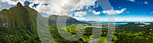 A Panoramic aerial image from the Pali Lookout on the island of Oahu in Hawaii