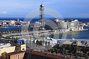 Panoramic aerial landscape view of harbor in Barcelona. Funicular tower at port. View from Montjuic to the harbor