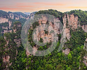 Panoramic aerial mountain view in Zhangjiajie National Forest Park at Wulingyuan Scenic Area, Hunan province, China