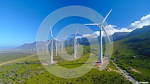 A panoramic aerial perspective of the Overberg Wind Farm in Western Cape, South Africa