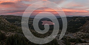 Panoramic aerial shot of the Donner Summit mountain pass in California during the sunset