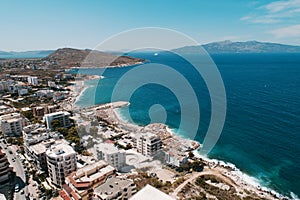 Panoramic aerial shot from drone. Blue mediteranean sea. Corfu island in the background