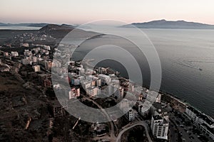 Panoramic aerial shot from drone. Mediteranean sea and Corfu island in the background
