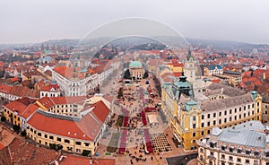 Panoramic aerial skyline view about the christmas market at downtown of Pecs.