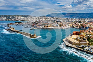Panoramic aerial view from above of the city of Chania, Crete island, Greece. Landmarks of Greece, beautiful venetian town Chania