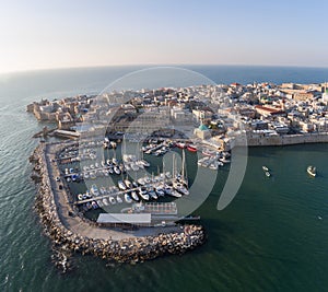 Panoramic Aerial View of Acco, Acre, Akko old city with crusader palace, city walls, arab market, knights hall, crusader tunnels,