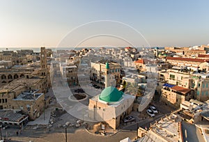 Panoramic Aerial View of Acco, Acre, Akko old city with crusader palace, city walls, arab market, knights hall, crusader tunnels,