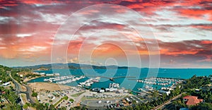 Panoramic aerial view of Airlie Beach skyline at dusk, Queensland