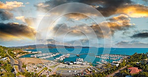 Panoramic aerial view of Airlie Beach skyline and Marina, Australia