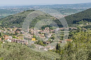 Panoramic aerial view of the ancient village of Buti, Pisa, Italy and surroundings