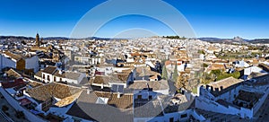 Panoramic aerial view of Antequera city, province of Malaga, Andalusia, Spain. Famous tourist and cultural center. Mountain Pena