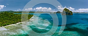 Panoramic aerial view of Bacuit archipelago. Pinagbuyutan island and El Nido mainland. Palawan, Philippines