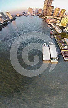 Panoramic aerial view of Bangkok at sunset from Asiatique Riverfront, Thailand