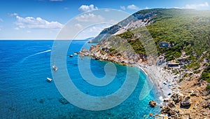 Panoramic aerial view of the beach at Kastro, Skiathos island